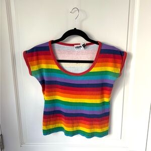Vintage 80s Genesis Rainbow Stripe Crop Top Cap Sleeves Scoop Neck - Medium